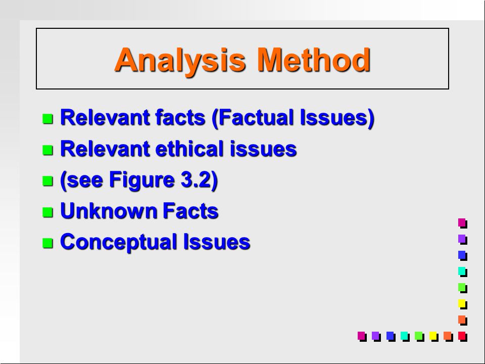 n Relevant facts (Factual Issues) n Relevant ethical issues n (see Figure 3.2) n Unknown Facts n Conceptual Issues Analysis Method