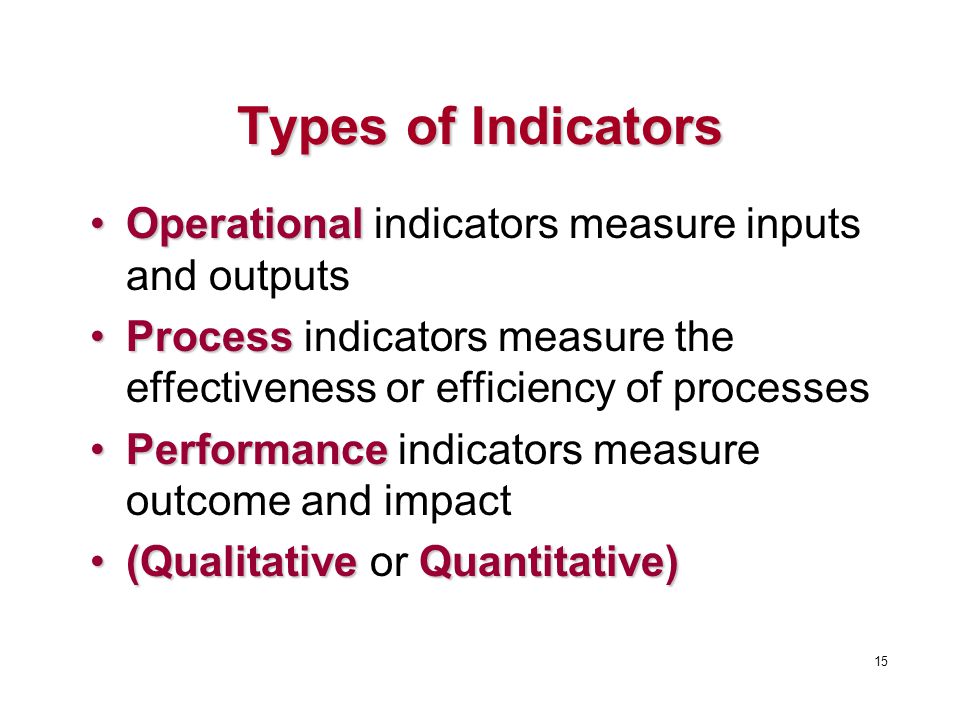 Types of Indicators OperationalOperational indicators measure inputs and outputs ProcessProcess indicators measure the effectiveness or efficiency of processes PerformancePerformance indicators measure outcome and impact (QualitativeQuantitative)(Qualitative or Quantitative) 15