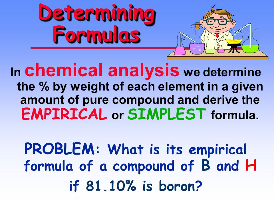 Determining Formulas In chemical analysis we determine the % by weight of each element in a given amount of pure compound and derive the EMPIRICAL or SIMPLEST formula.
