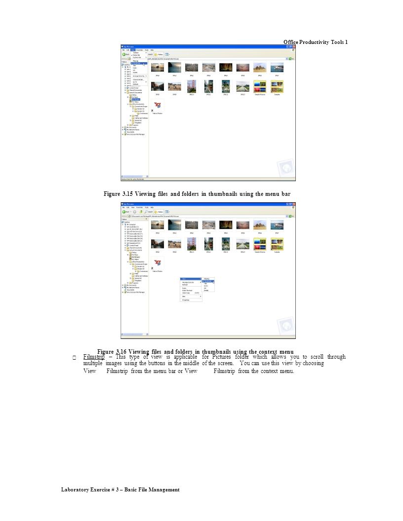 Laboratory Exercise # 3 – Basic File Management Office Productivity Tools 1 Figure 3.15 Viewing files and folders in thumbnails using the menu bar Figure 3.16 Viewing files and folders in thumbnails using the context menu  Filmstrip – This type of view is applicable for Pictures folder which allows you to scroll through multiple images using the buttons in the middle of the screen.