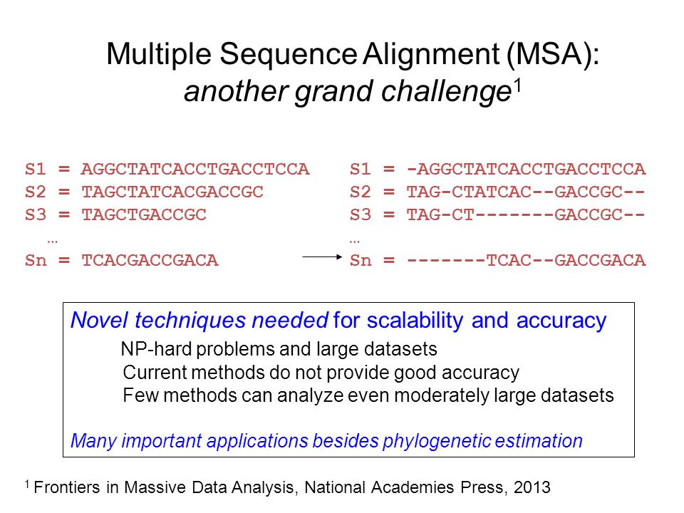 Multiple Sequence Alignment (MSA): another grand challenge 1 S1 = -AGGCTATCACCTGACCTCCA S2 = TAG-CTATCAC--GACCGC-- S3 = TAG-CT GACCGC-- … Sn = TCAC--GACCGACA S1 = AGGCTATCACCTGACCTCCA S2 = TAGCTATCACGACCGC S3 = TAGCTGACCGC … Sn = TCACGACCGACA Novel techniques needed for scalability and accuracy NP-hard problems and large datasets Current methods do not provide good accuracy Few methods can analyze even moderately large datasets Many important applications besides phylogenetic estimation 1 Frontiers in Massive Data Analysis, National Academies Press, 2013