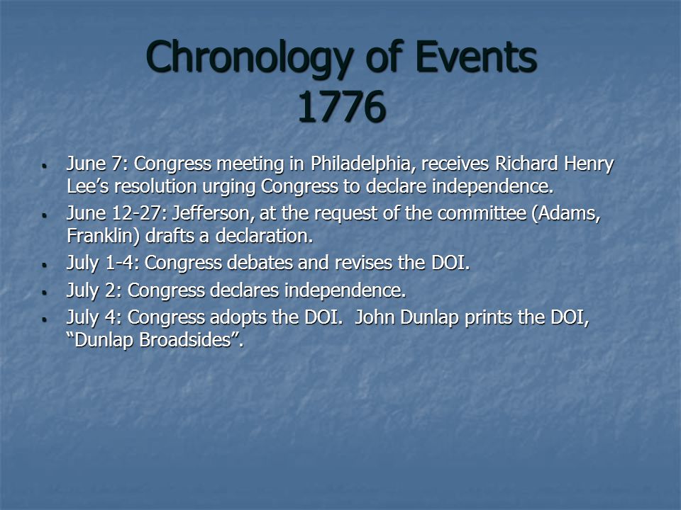 Chronology of Events 1776  June 7: Congress meeting in Philadelphia, receives Richard Henry Lee’s resolution urging Congress to declare independence.