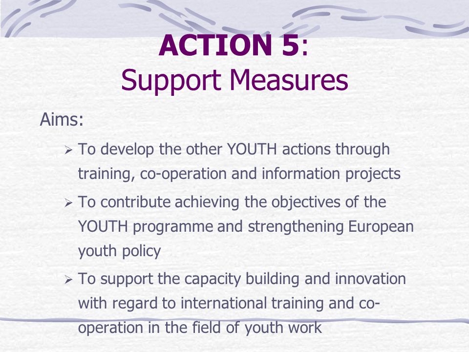 ACTION 5: Support Measures Aims:  To develop the other YOUTH actions through training, co-operation and information projects  To contribute achieving the objectives of the YOUTH programme and strengthening European youth policy  To support the capacity building and innovation with regard to international training and co- operation in the field of youth work