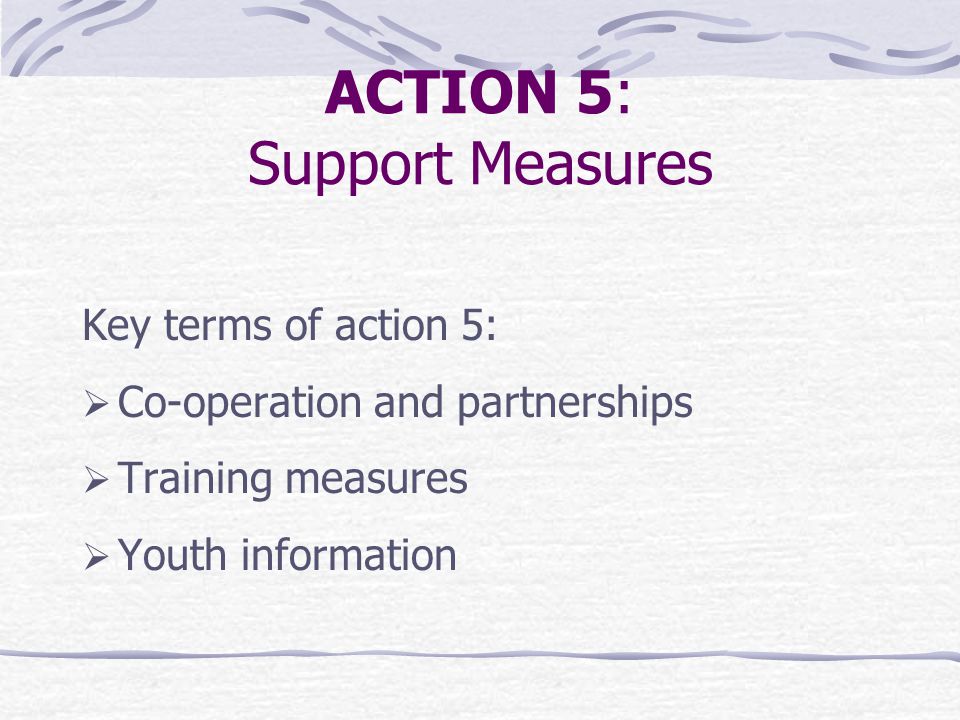ACTION 5: Support Measures Key terms of action 5:  Co-operation and partnerships  Training measures  Youth information
