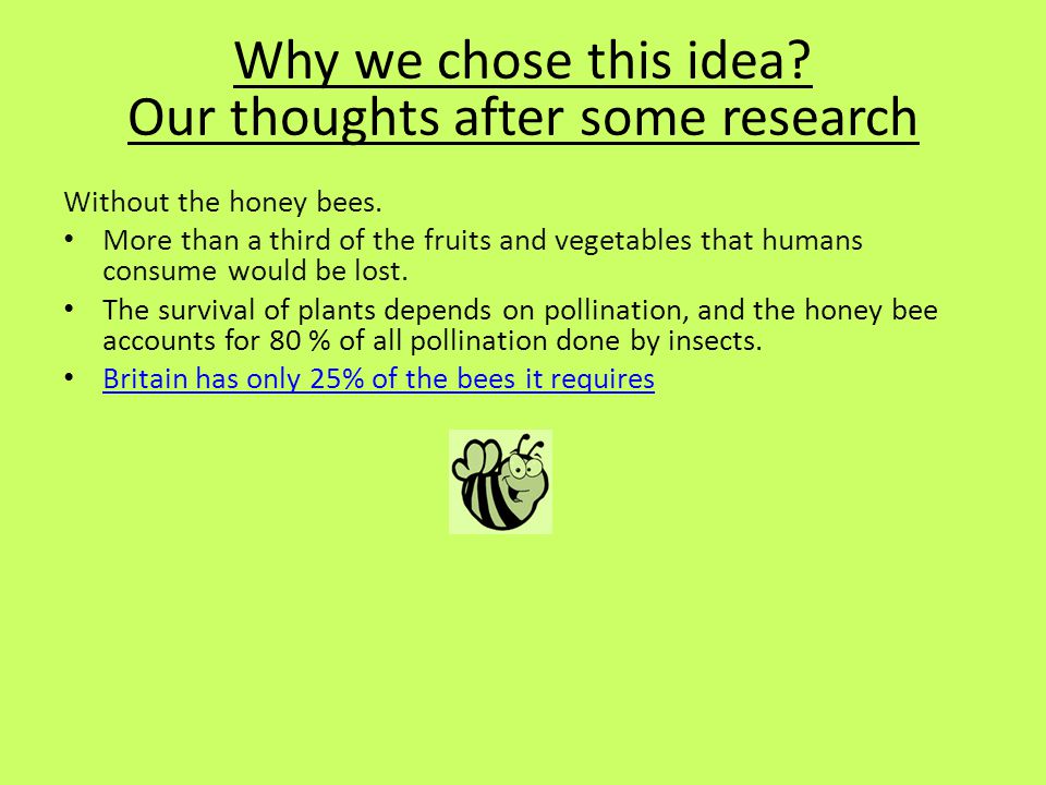 Why we chose this idea. Our thoughts after some research Without the honey bees.
