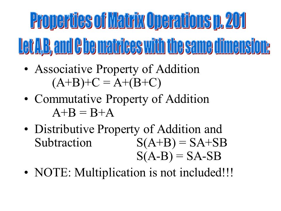 Associative Property of Addition (A+B)+C = A+(B+C) Commutative Property of Addition A+B = B+A Distributive Property of Addition and SubtractionS(A+B) = SA+SB S(A-B) = SA-SB NOTE: Multiplication is not included!!!