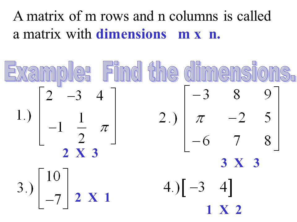 A matrix of m rows and n columns is called a matrix with dimensions m x n. 2 X 3 3 X 3 2 X 1 1 X 2