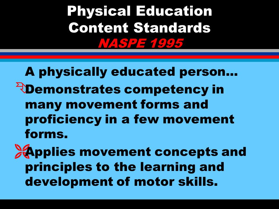 NAPSE 1990 A Physically Educated Person: l HAS learned the skills necessary to perform a variety of physical activities l DOES participate regularly in physical activity l IS physically fit l KNOWS the implications of and the benefits from involvement in physical activity l VALUES physical activity and its contributions to a healthful lifestyle