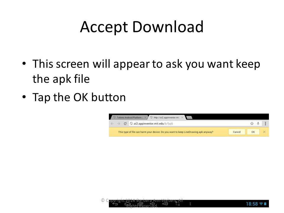 Accept Download This screen will appear to ask you want keep the apk file Tap the OK button © Copyright 2014 Barbara Ann Walters.