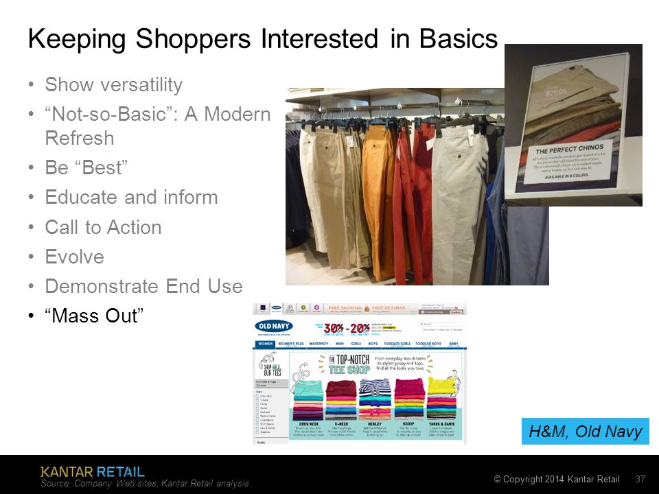 © Copyright 2014 Kantar Retail Keeping Shoppers Interested in Basics Show versatility Not-so-Basic : A Modern Refresh Be Best Educate and inform Call to Action Evolve Demonstrate End Use Mass Out Source: Company Web sites, Kantar Retail analysis 37 H&M, Old Navy