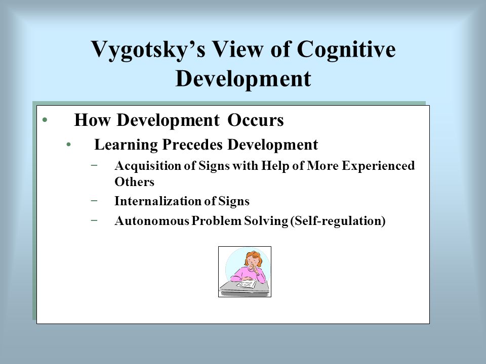 Vygotsky’s View of Cognitive Development How Development Occurs Learning Precedes Development −Acquisition of Signs with Help of More Experienced Others −Internalization of Signs −Autonomous Problem Solving (Self-regulation) How Development Occurs Learning Precedes Development −Acquisition of Signs with Help of More Experienced Others −Internalization of Signs −Autonomous Problem Solving (Self-regulation)
