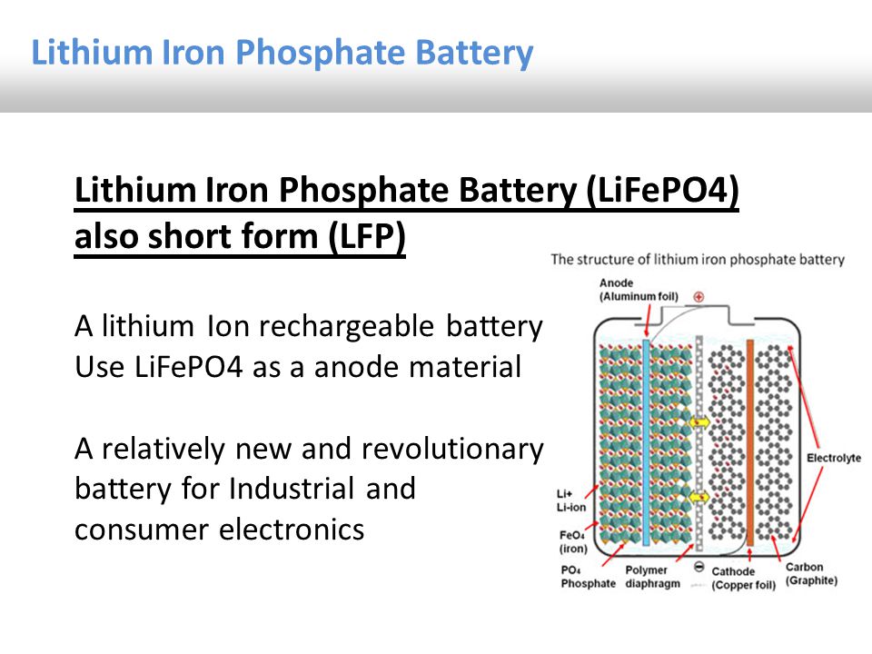 Lithium Iron phosphate battery. Lithium Iron Phosphate Battery (LiFePO4)  also short form (LFP) A lithium Ion rechargeable battery Use LiFePO4 as a  anode. - ppt download