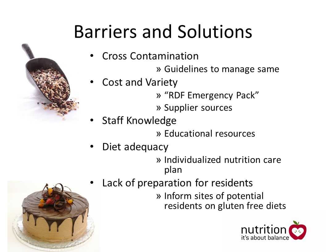 Barriers and Solutions Cross Contamination » Guidelines to manage same Cost and Variety » RDF Emergency Pack » Supplier sources Staff Knowledge » Educational resources Diet adequacy » Individualized nutrition care plan Lack of preparation for residents » Inform sites of potential residents on gluten free diets