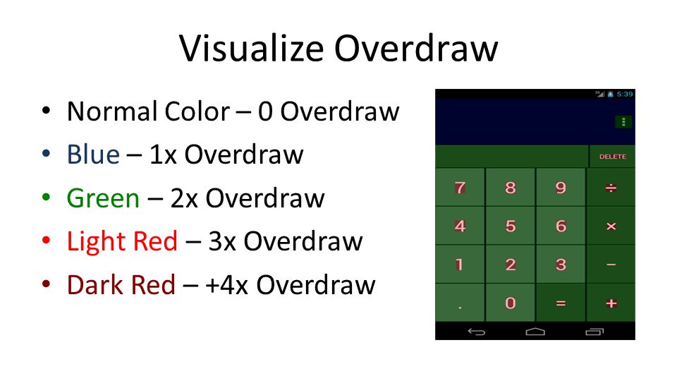 Visualize Overdraw Normal Color – 0 Overdraw Blue – 1x Overdraw Green – 2x Overdraw Light Red – 3x Overdraw Dark Red – +4x Overdraw