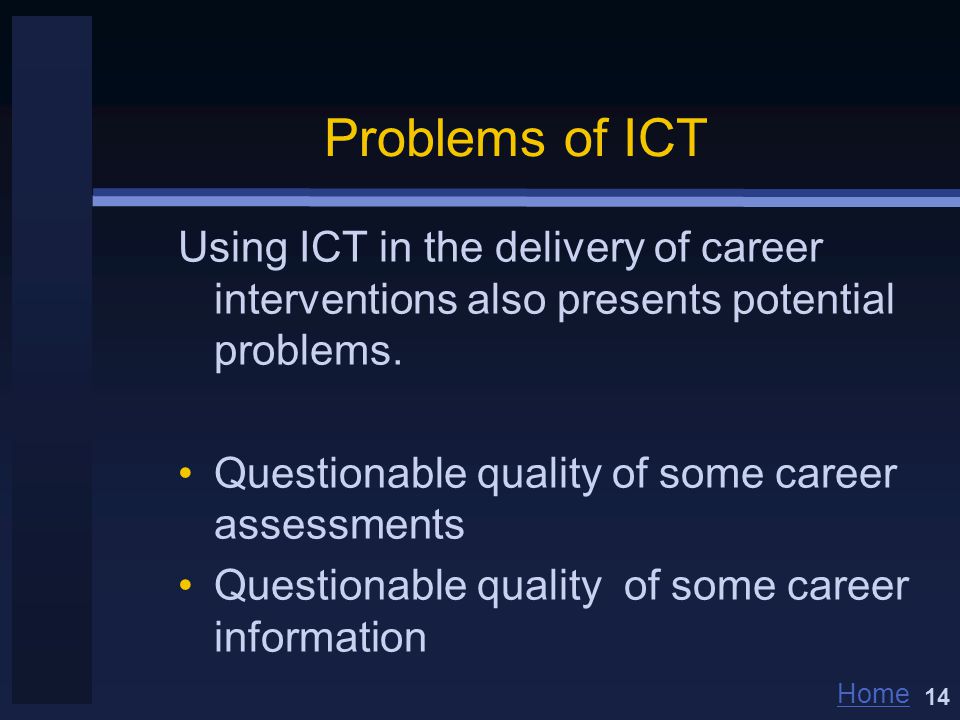 Home Problems of ICT Using ICT in the delivery of career interventions also presents potential problems.