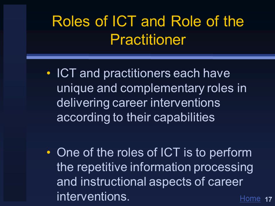 Home Roles of ICT and Role of the Practitioner ICT and practitioners each have unique and complementary roles in delivering career interventions according to their capabilities One of the roles of ICT is to perform the repetitive information processing and instructional aspects of career interventions.