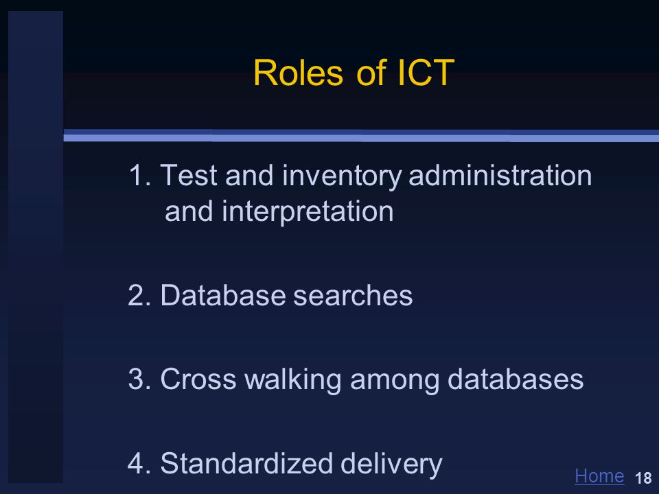 Home Roles of ICT 1. Test and inventory administration and interpretation 2.