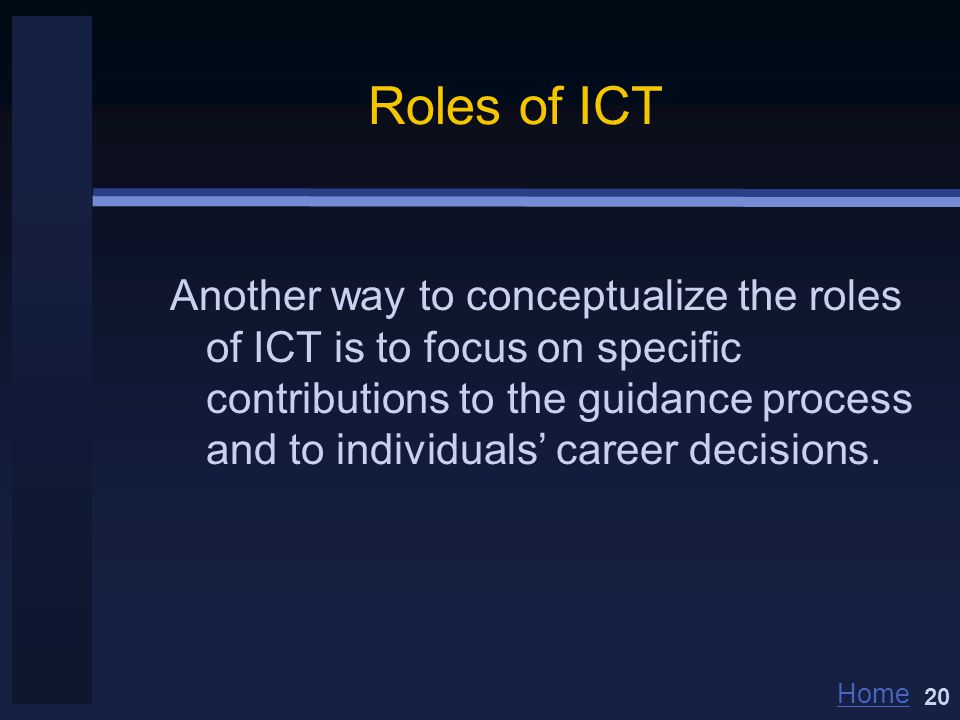 Home Roles of ICT Another way to conceptualize the roles of ICT is to focus on specific contributions to the guidance process and to individuals’ career decisions.