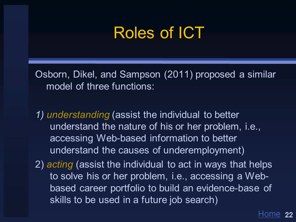 Home Roles of ICT Osborn, Dikel, and Sampson (2011) proposed a similar model of three functions: 1) understanding (assist the individual to better understand the nature of his or her problem, i.e., accessing Web-based information to better understand the causes of underemployment) 2) acting (assist the individual to act in ways that helps to solve his or her problem, i.e., accessing a Web- based career portfolio to build an evidence-base of skills to be used in a future job search) 22