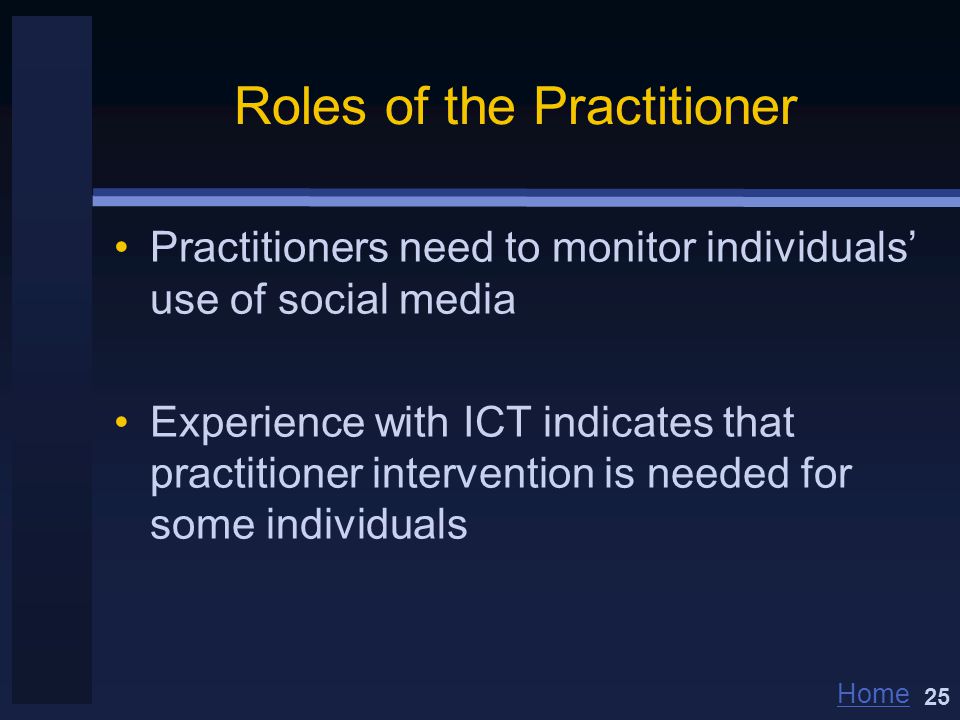 Home Roles of the Practitioner Practitioners need to monitor individuals’ use of social media Experience with ICT indicates that practitioner intervention is needed for some individuals 25