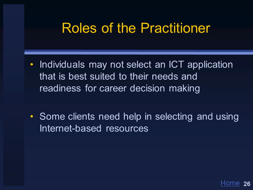 Home Roles of the Practitioner Individuals may not select an ICT application that is best suited to their needs and readiness for career decision making Some clients need help in selecting and using Internet-based resources 26