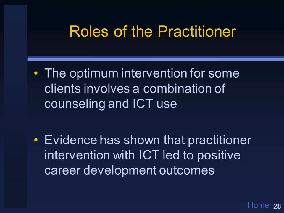 Home Roles of the Practitioner The optimum intervention for some clients involves a combination of counseling and ICT use Evidence has shown that practitioner intervention with ICT led to positive career development outcomes 28