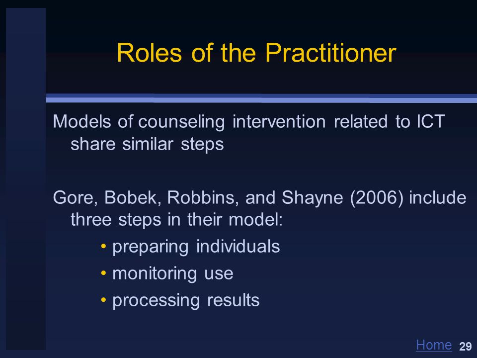 Home Roles of the Practitioner Models of counseling intervention related to ICT share similar steps Gore, Bobek, Robbins, and Shayne (2006) include three steps in their model: preparing individuals monitoring use processing results 29