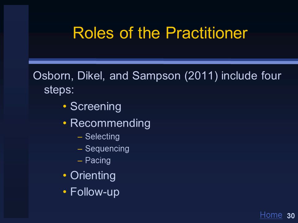 Home Roles of the Practitioner Osborn, Dikel, and Sampson (2011) include four steps: Screening Recommending –Selecting –Sequencing –Pacing Orienting Follow-up 30