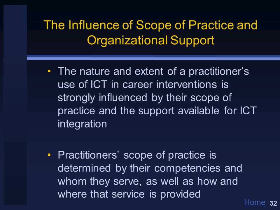 Home The Influence of Scope of Practice and Organizational Support The nature and extent of a practitioner’s use of ICT in career interventions is strongly influenced by their scope of practice and the support available for ICT integration Practitioners’ scope of practice is determined by their competencies and whom they serve, as well as how and where that service is provided 32