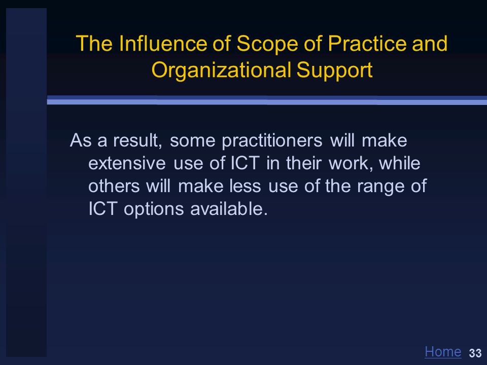 Home The Influence of Scope of Practice and Organizational Support As a result, some practitioners will make extensive use of ICT in their work, while others will make less use of the range of ICT options available.