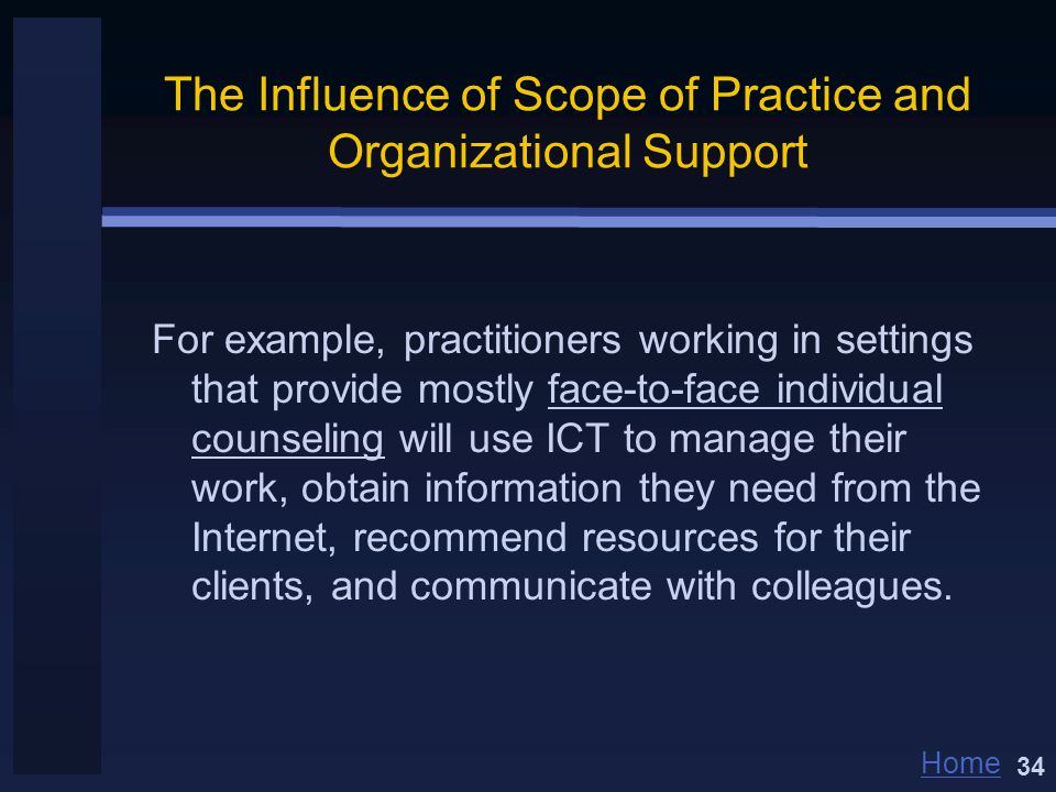 Home The Influence of Scope of Practice and Organizational Support For example, practitioners working in settings that provide mostly face-to-face individual counseling will use ICT to manage their work, obtain information they need from the Internet, recommend resources for their clients, and communicate with colleagues.