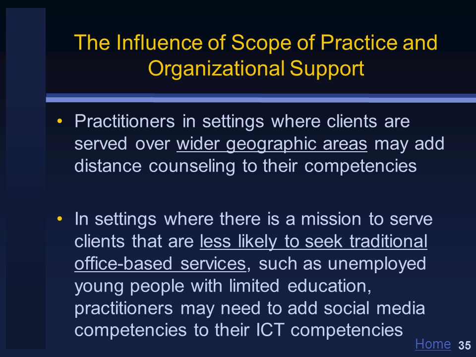 Home The Influence of Scope of Practice and Organizational Support Practitioners in settings where clients are served over wider geographic areas may add distance counseling to their competencies In settings where there is a mission to serve clients that are less likely to seek traditional office-based services, such as unemployed young people with limited education, practitioners may need to add social media competencies to their ICT competencies 35