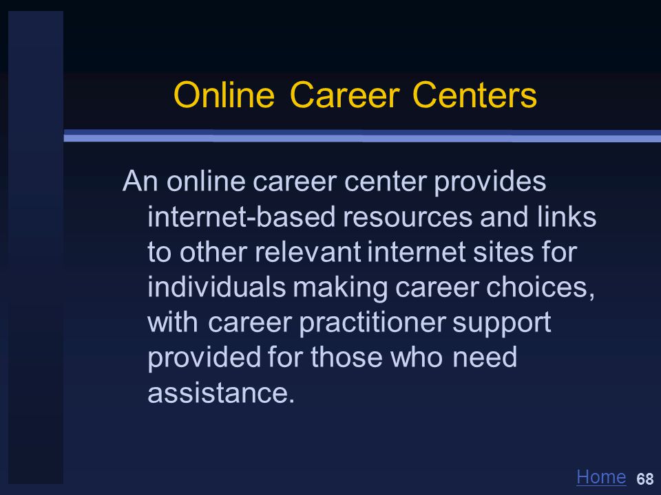 Home Online Career Centers An online career center provides internet-based resources and links to other relevant internet sites for individuals making career choices, with career practitioner support provided for those who need assistance.
