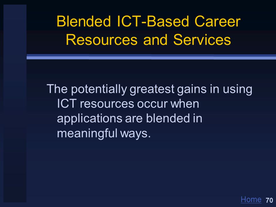Home Blended ICT-Based Career Resources and Services The potentially greatest gains in using ICT resources occur when applications are blended in meaningful ways.