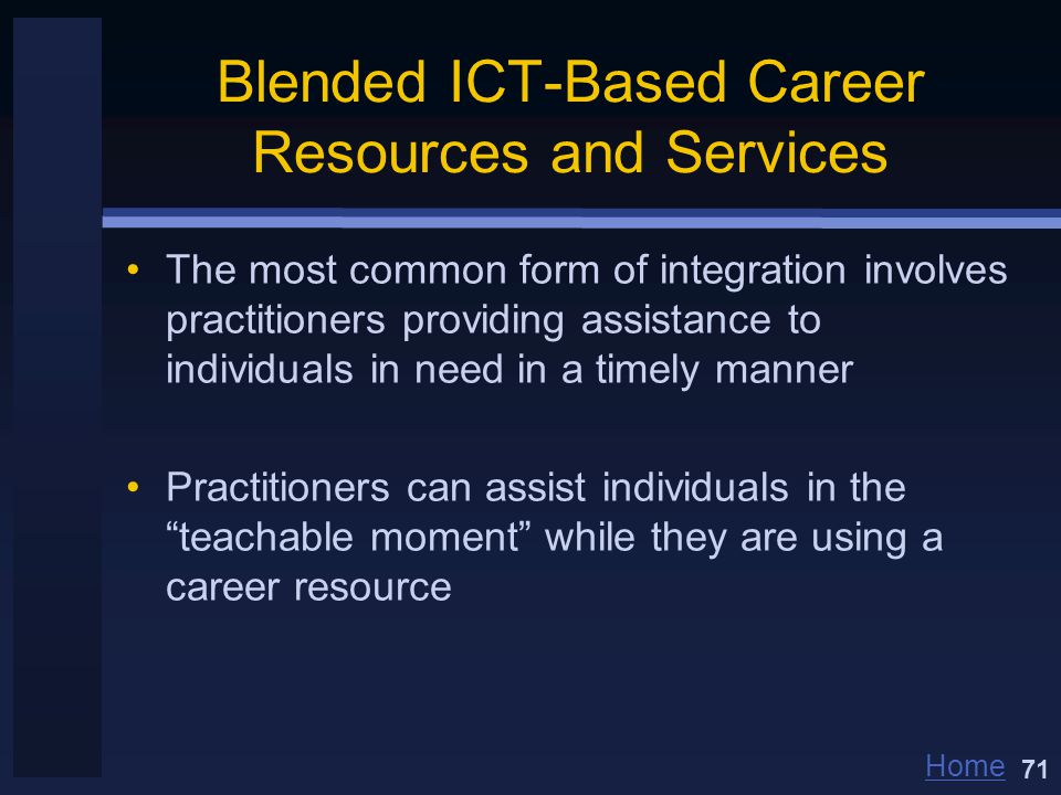 Home Blended ICT-Based Career Resources and Services The most common form of integration involves practitioners providing assistance to individuals in need in a timely manner Practitioners can assist individuals in the teachable moment while they are using a career resource 71