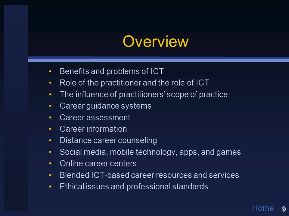 Home Overview Benefits and problems of ICT Role of the practitioner and the role of ICT The influence of practitioners’ scope of practice Career guidance systems Career assessment Career information Distance career counseling Social media, mobile technology, apps, and games Online career centers Blended ICT-based career resources and services Ethical issues and professional standards 9