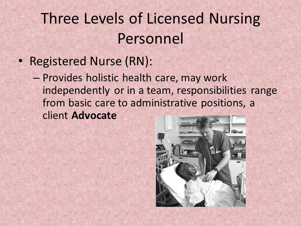 Three Levels of Licensed Nursing Personnel Registered Nurse (RN): – Provides holistic health care, may work independently or in a team, responsibilities range from basic care to administrative positions, a client Advocate