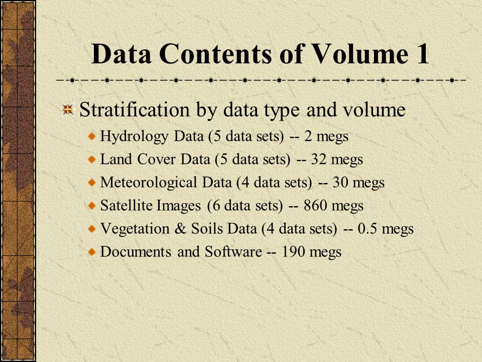 Data Contents of Volume 1 Stratification by data type and volume Hydrology Data (5 data sets) -- 2 megs Land Cover Data (5 data sets) megs Meteorological Data (4 data sets) megs Satellite Images (6 data sets) megs Vegetation & Soils Data (4 data sets) megs Documents and Software megs