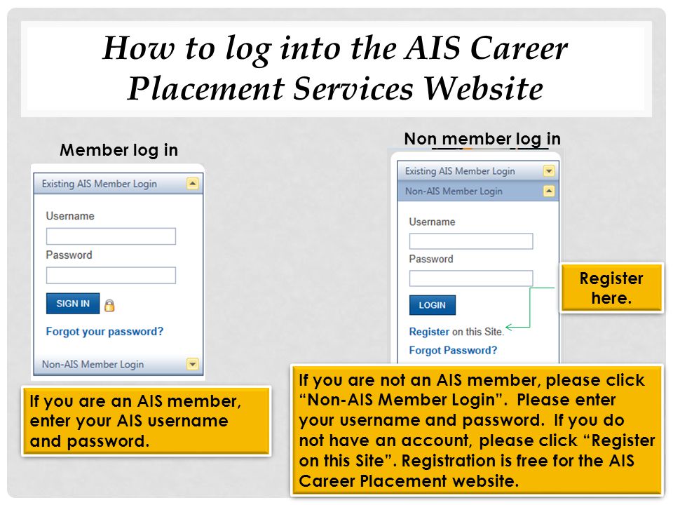 How to log into the AIS Career Placement Services Website Member log in Non member log in Register here.