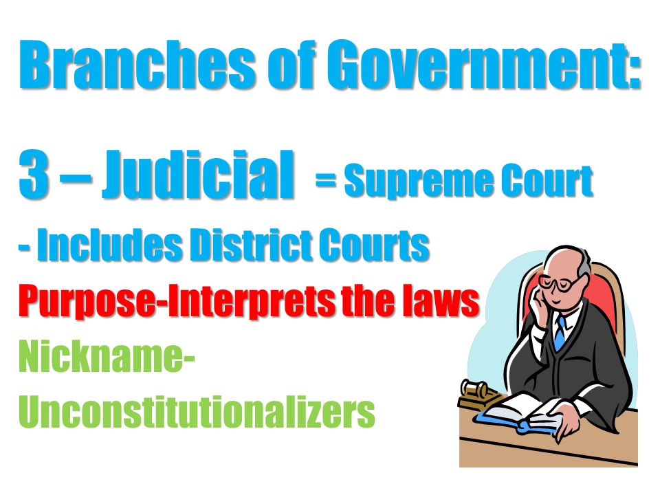 Branches of Government: 3 – Judicial - Includes District Courts Purpose-Interprets the laws Nickname- Unconstitutionalizers = Supreme Court