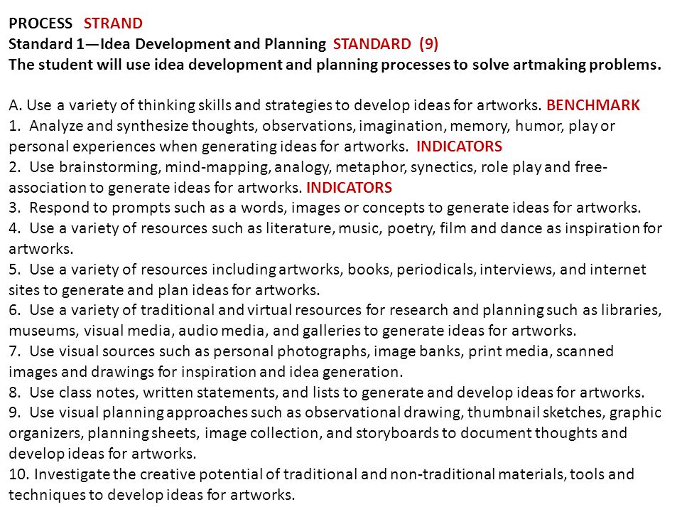 PROCESS STRAND Standard 1—Idea Development and Planning STANDARD (9) The student will use idea development and planning processes to solve artmaking problems.
