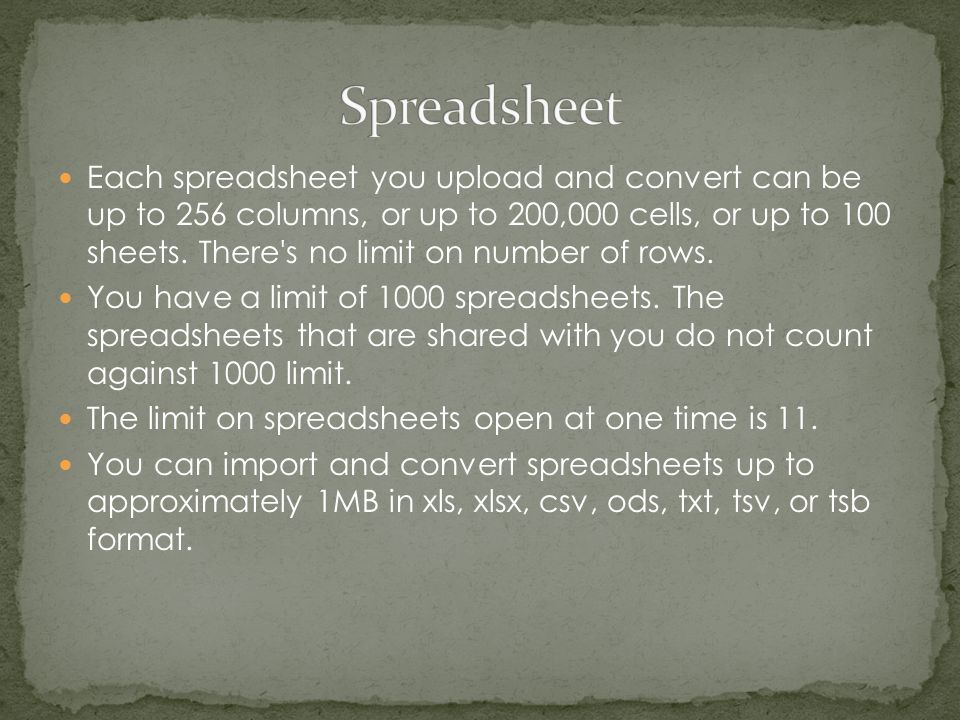 Each spreadsheet you upload and convert can be up to 256 columns, or up to 200,000 cells, or up to 100 sheets.