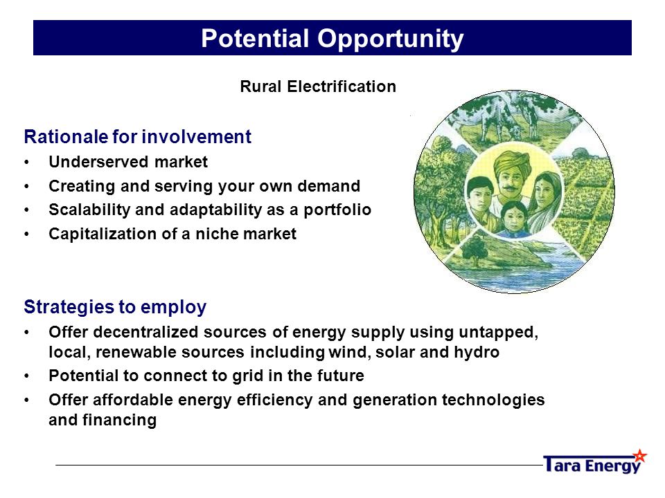 Rationale for involvement Underserved market Creating and serving your own demand Scalability and adaptability as a portfolio Capitalization of a niche market Strategies to employ Offer decentralized sources of energy supply using untapped, local, renewable sources including wind, solar and hydro Potential to connect to grid in the future Offer affordable energy efficiency and generation technologies and financing Rural Electrification Potential Opportunity