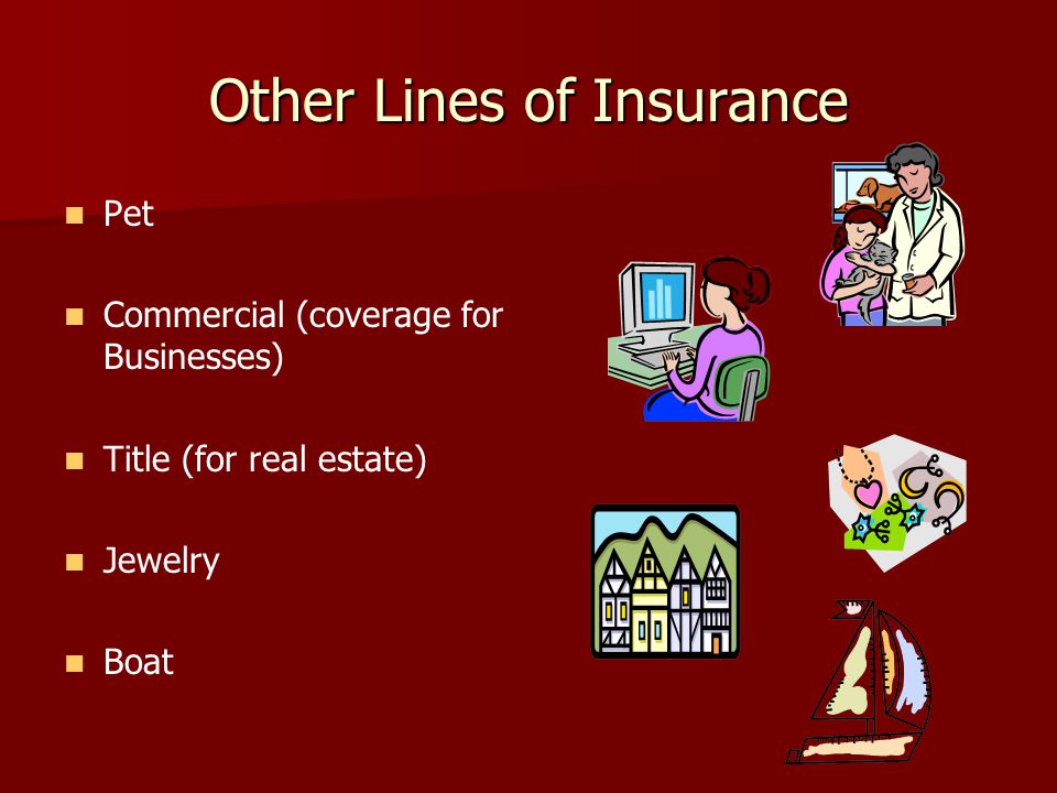 Other Lines of Insurance Pet Commercial (coverage for Businesses) Title (for real estate) Jewelry Boat