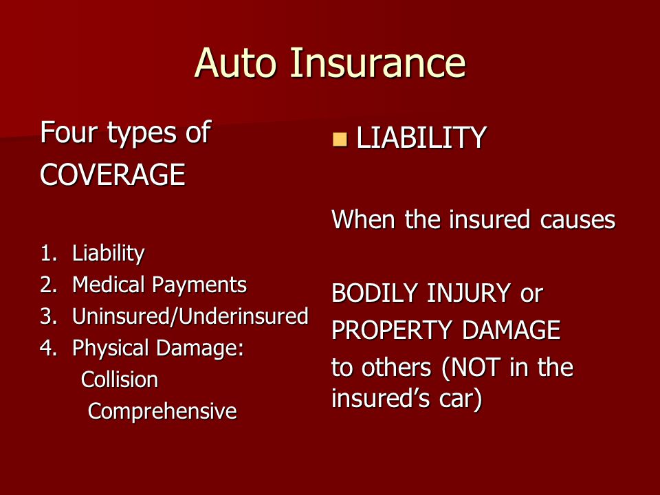 Auto Insurance Four types of COVERAGE 1. Liability 2.