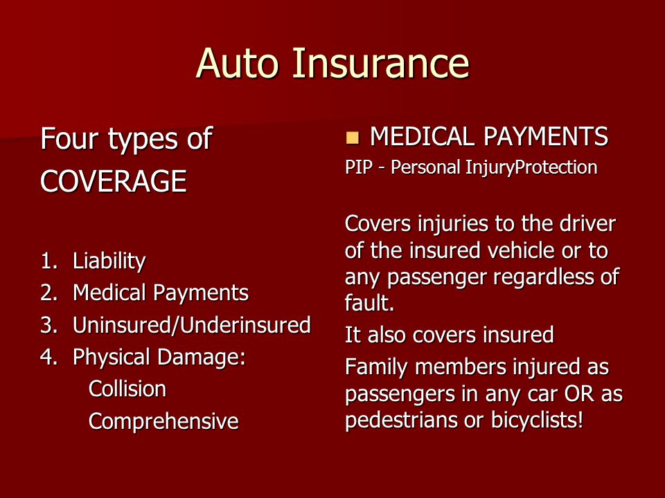 Auto Insurance Four types of COVERAGE 1. Liability 2.