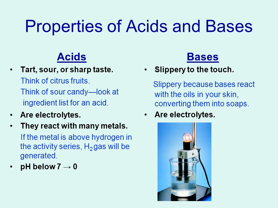 Properties of Acids and Bases Acids Tart, sour, or sharp taste.
