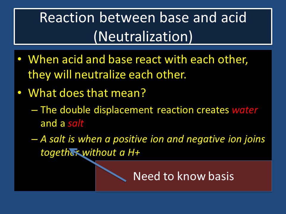 Reaction between base and acid (Neutralization) When acid and base react with each other, they will neutralize each other.