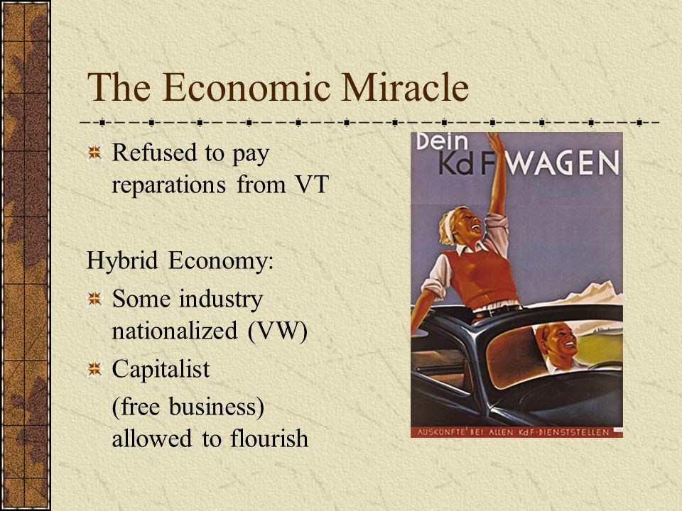 The Economic Miracle Refused to pay reparations from VT Hybrid Economy: Some industry nationalized (VW) Capitalist (free business) allowed to flourish