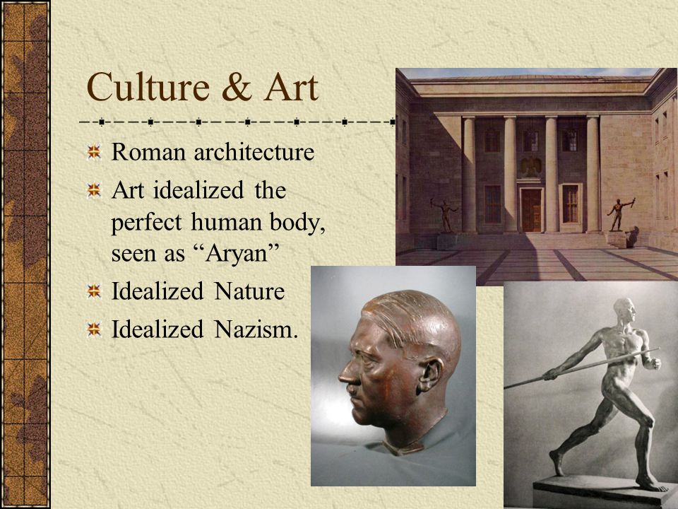 Culture & Art Roman architecture Art idealized the perfect human body, seen as Aryan Idealized Nature Idealized Nazism.